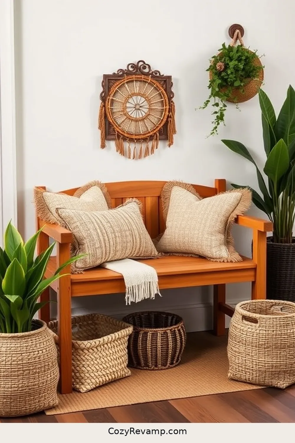 Wooden Bench With Natural Fiber Cushions for 24 Ways to Create a Rustic Entryway With Natural Fibers
