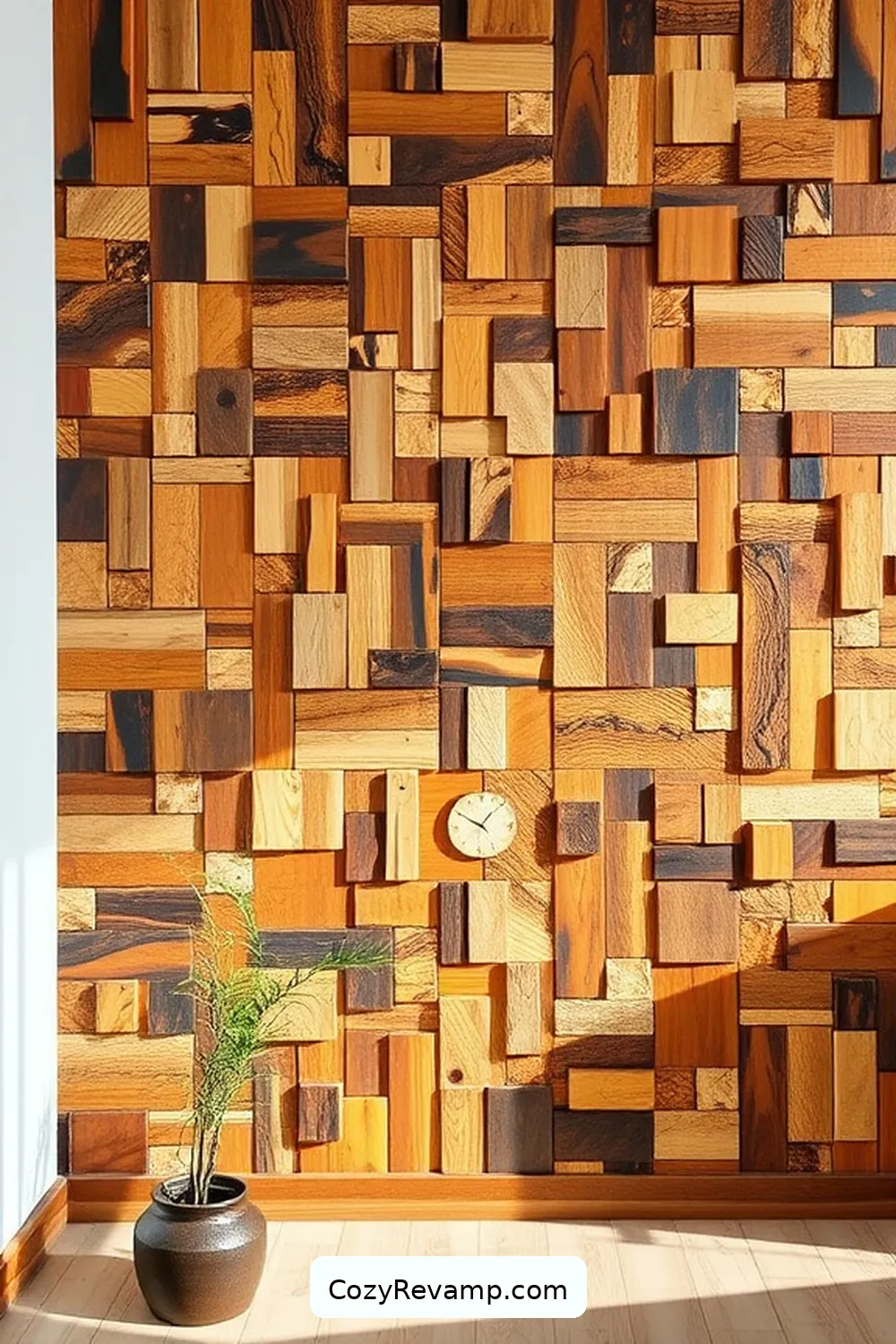 Artistic Wood-Mosaic Accent Wall for 25 Creative Bohemian Garage Ideas With Recycled Wood Material