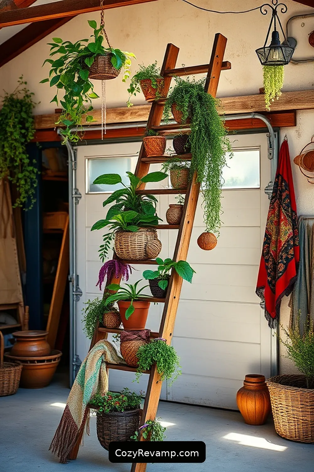 Bohemian-Style Wood Ladder for 25 Creative Bohemian Garage Ideas With Recycled Wood Material