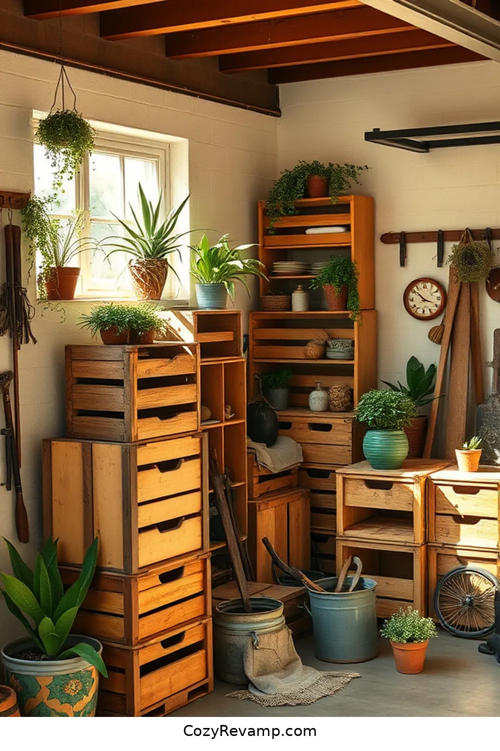 Vintage Crate Storage Solutions for 25 Creative Bohemian Garage Ideas With Recycled Wood Material