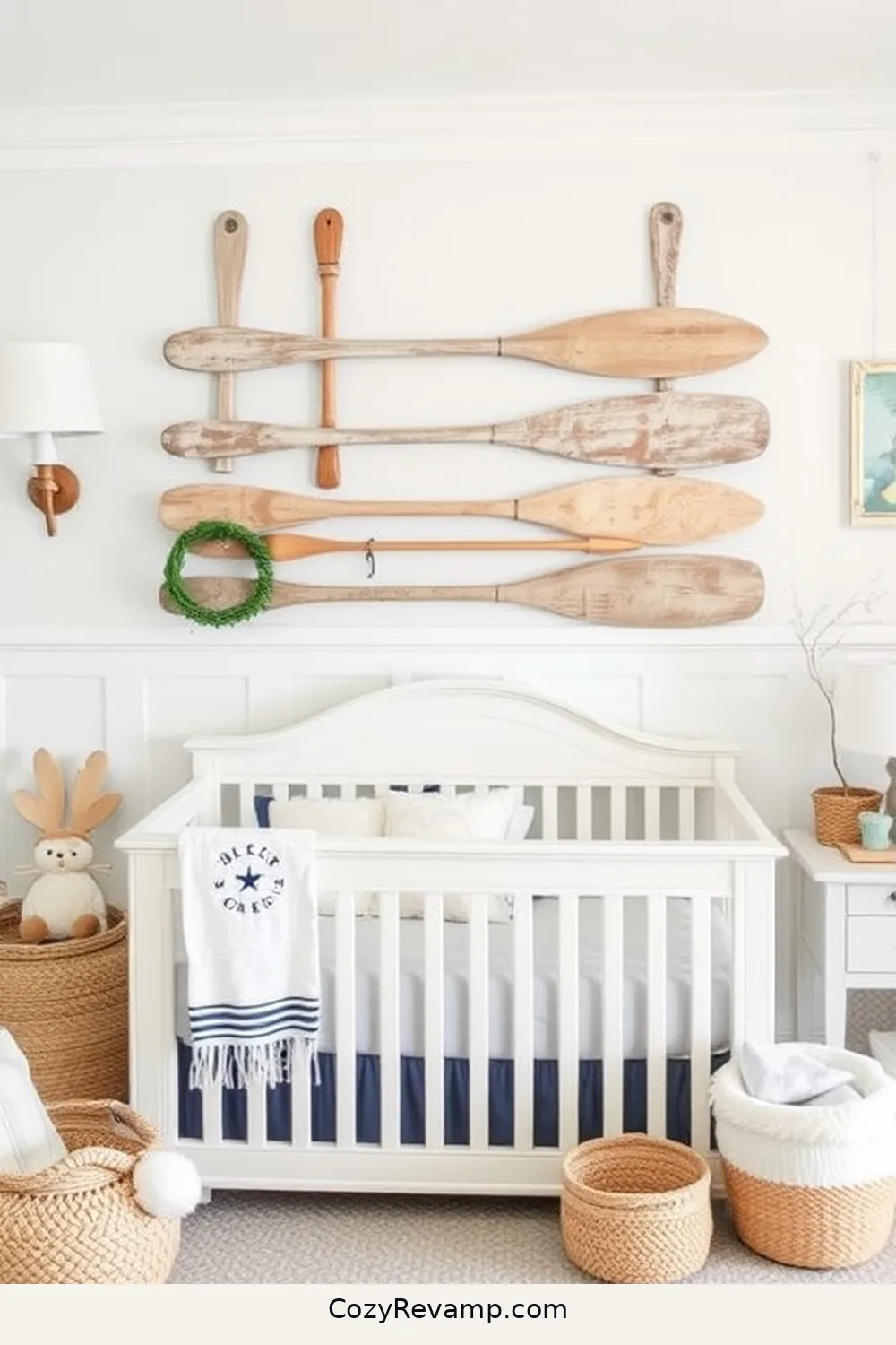 Antique Boat Oar Wall Décor for 25 Creative Coastal Nursery Ideas Using Reclaimed Materials