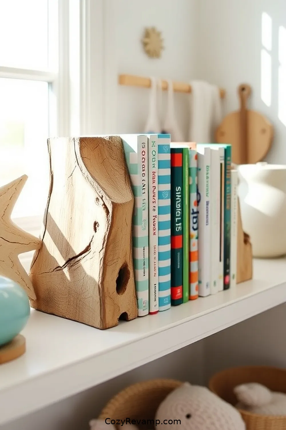 Driftwood Bookends for 25 Creative Coastal Nursery Ideas Using Reclaimed Materials
