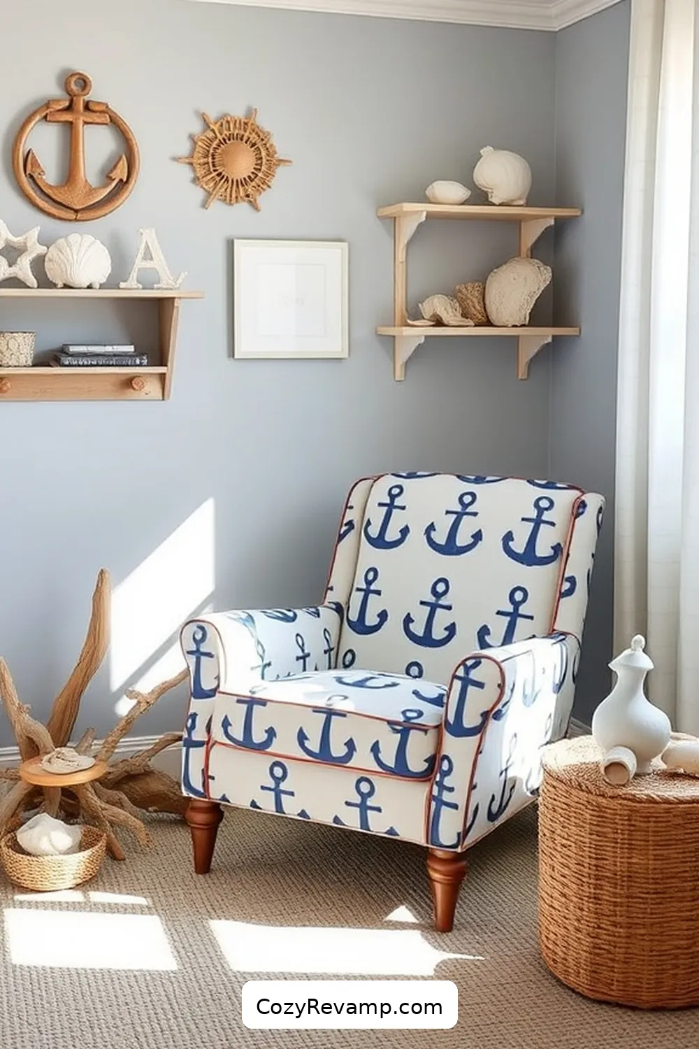 Nautical-Inspired Reupholstered Chair for 25 Creative Coastal Nursery Ideas Using Reclaimed Materials