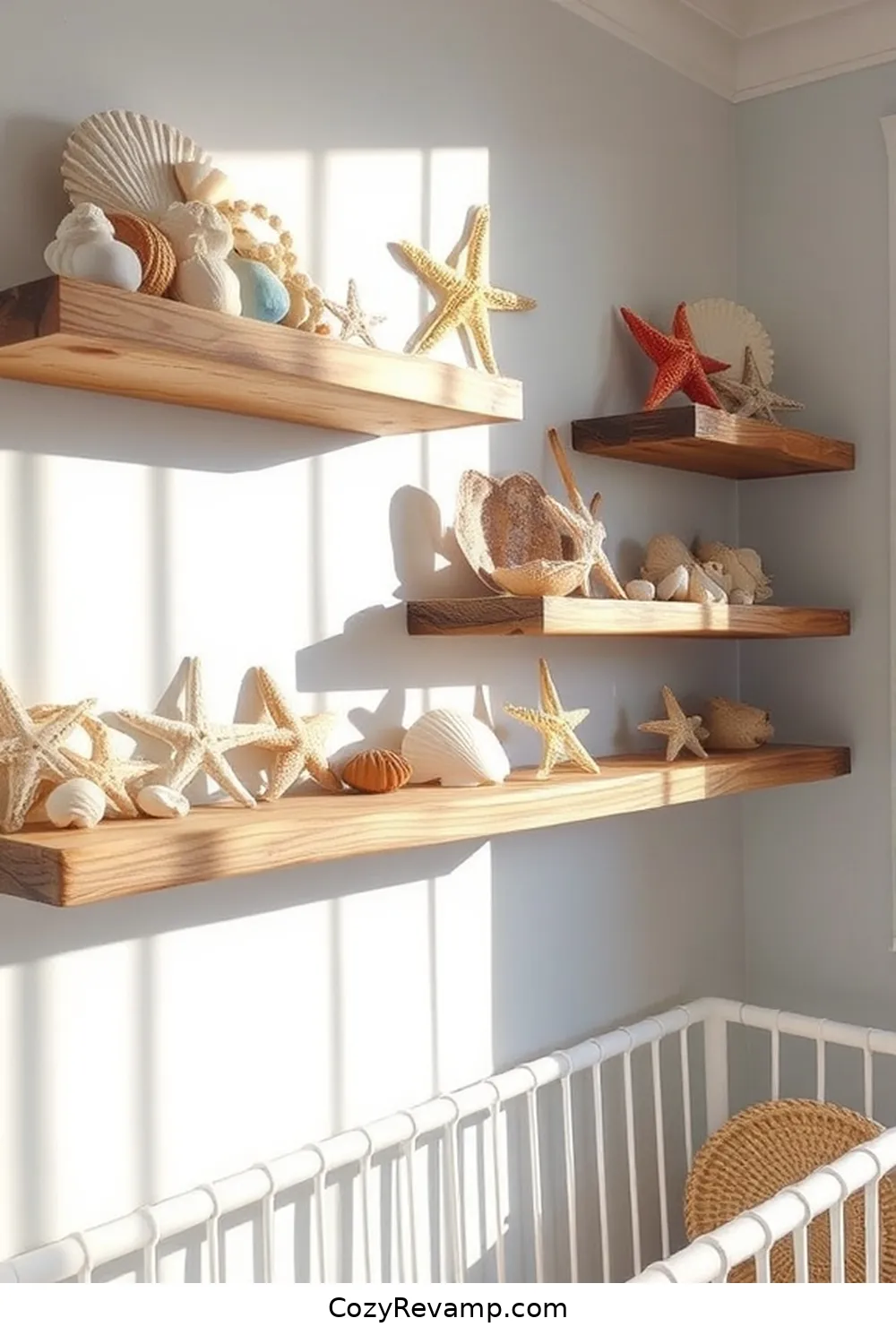 Salvaged Boat Wood Shelves for 25 Creative Coastal Nursery Ideas Using Reclaimed Materials