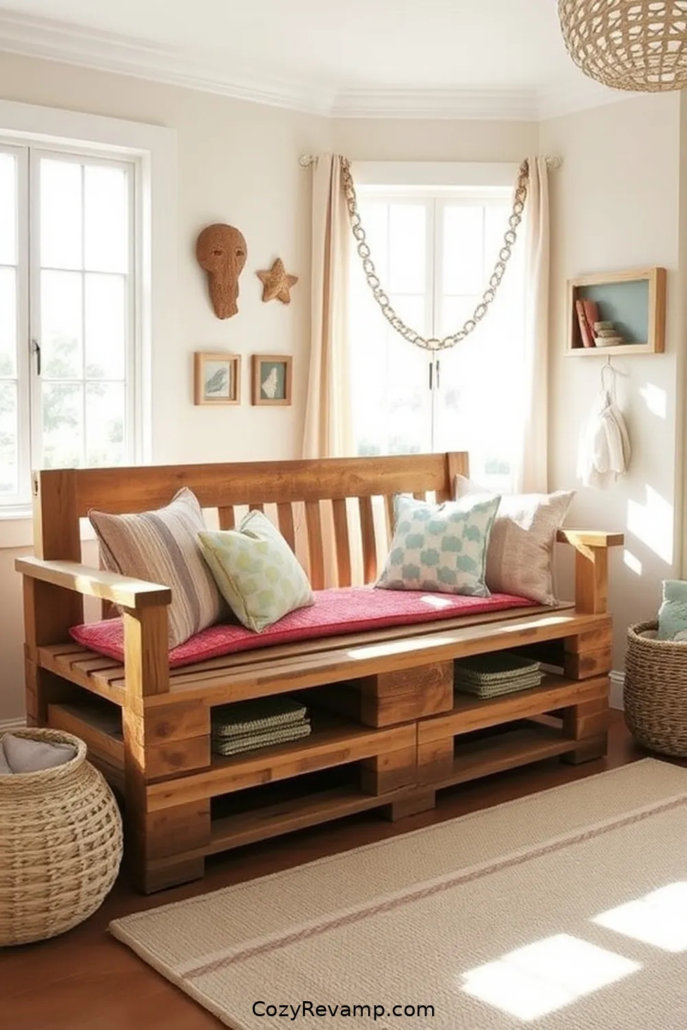 Salvaged Pallet Bench for 25 Creative Coastal Nursery Ideas Using Reclaimed Materials