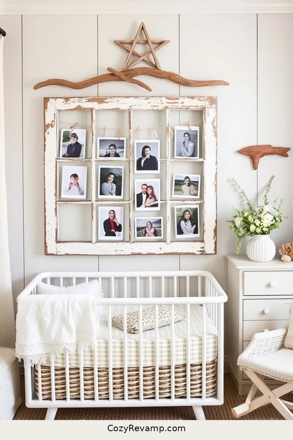 Salvaged Window Frame as a Photo Display for 25 Creative Coastal Nursery Ideas Using Reclaimed Materials