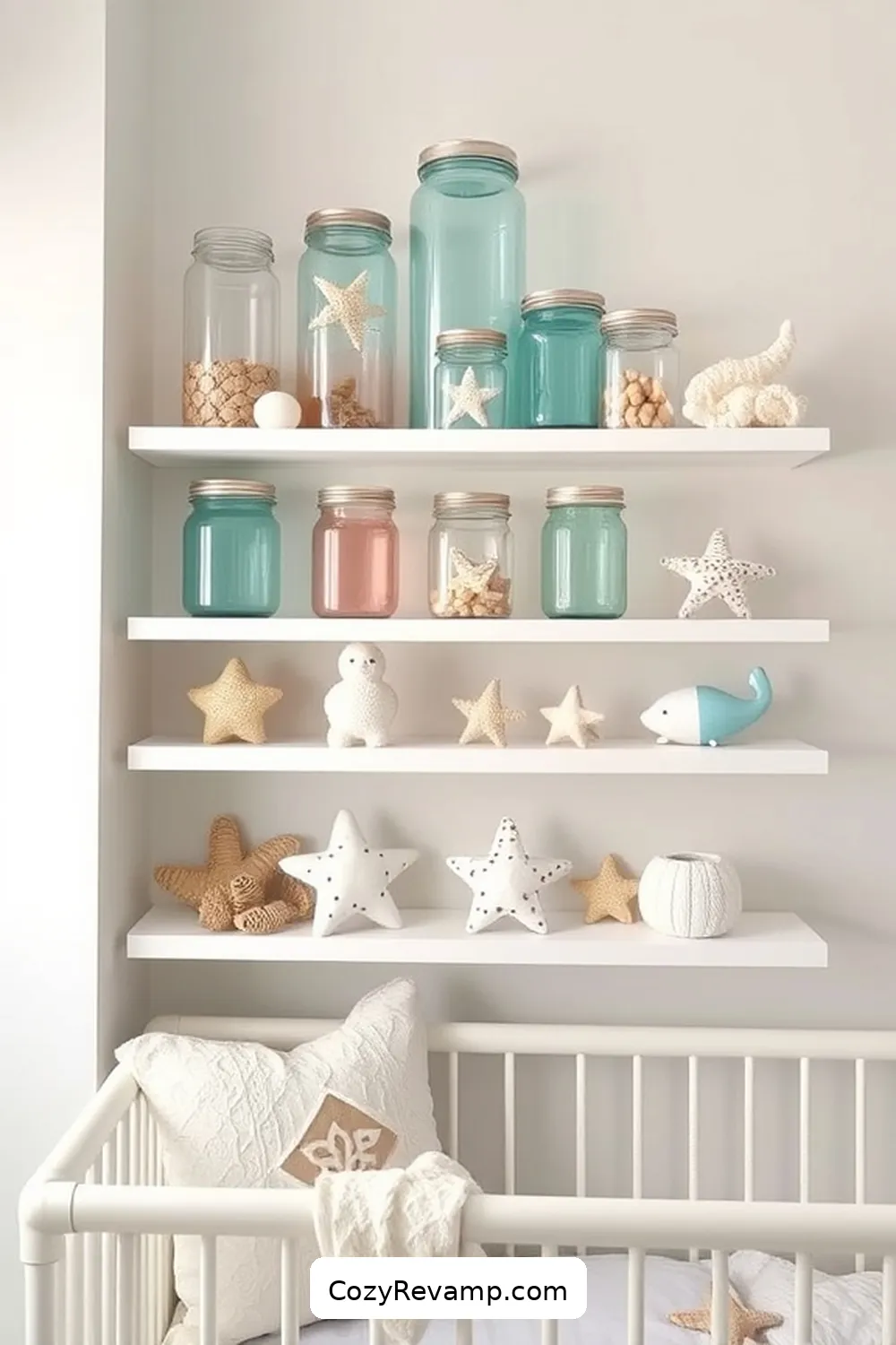 Upcycled Glass Jars for Nursery Organization for 25 Creative Coastal Nursery Ideas Using Reclaimed Materials