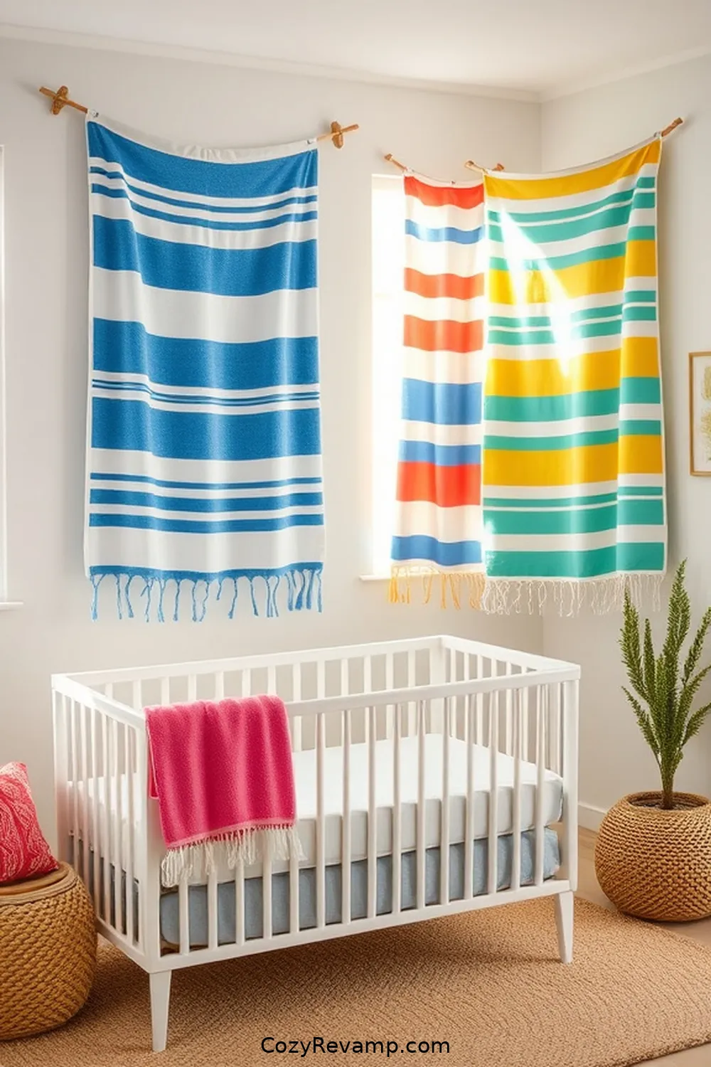 Vintage Beach Towels as Wall Hangings for 25 Creative Coastal Nursery Ideas Using Reclaimed Materials