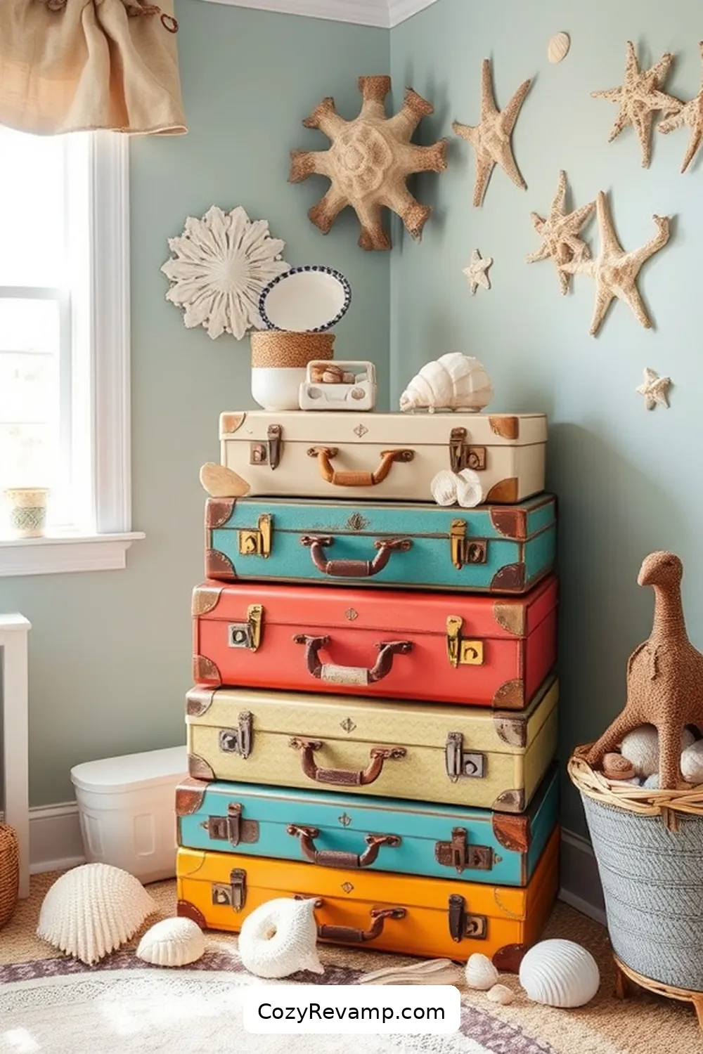 Vintage Suitcase Storage for 25 Creative Coastal Nursery Ideas Using Reclaimed Materials