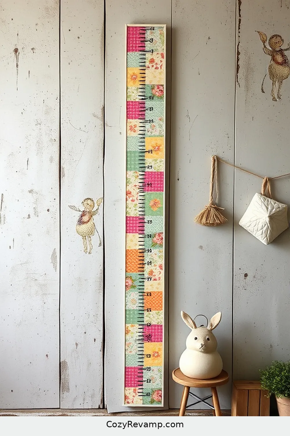 Fabric-Covered Growth Chart for 25 Creative Rustic Nursery Ideas With Upcycled Fabric Material