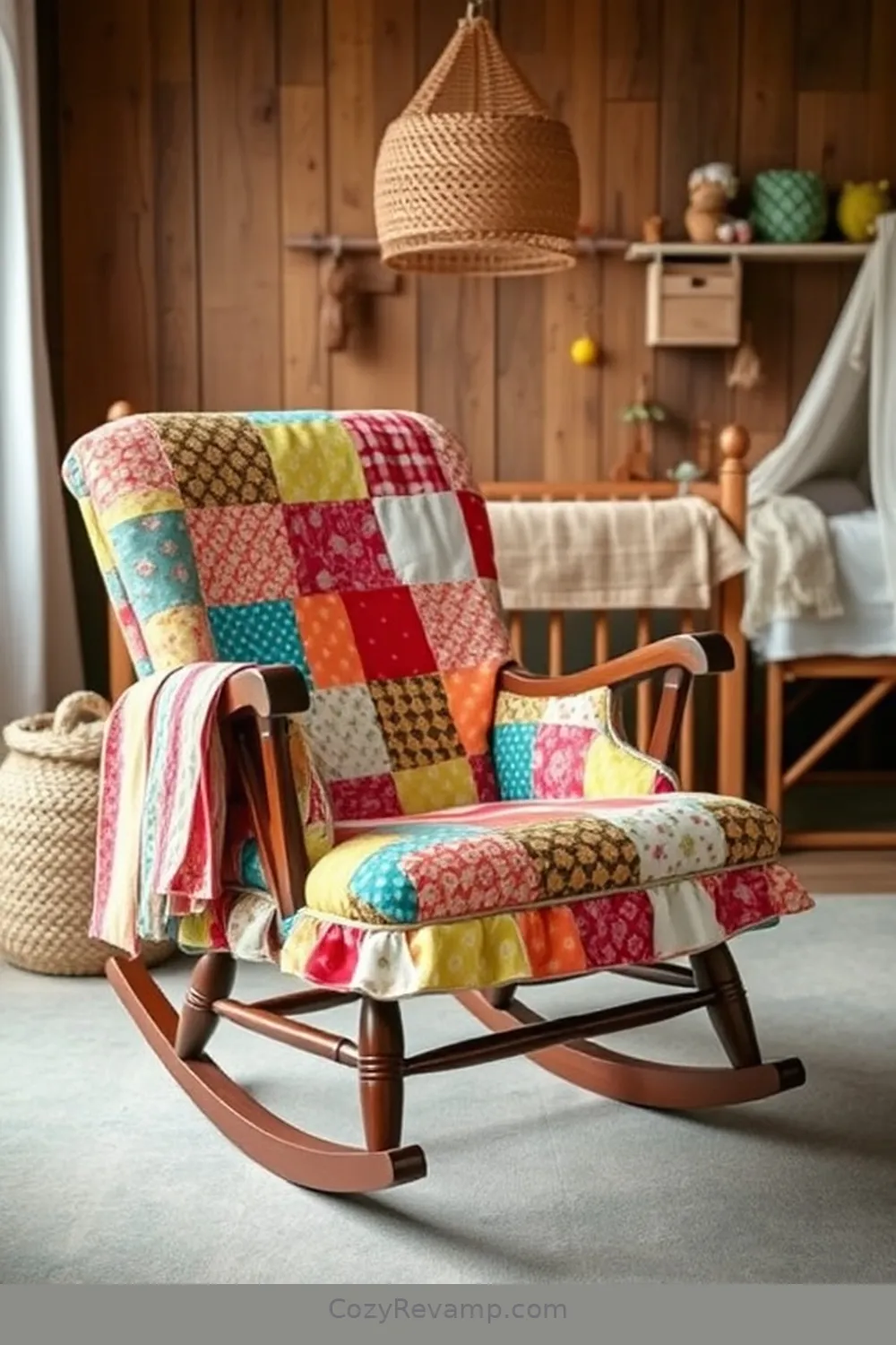 Fabric-Covered Rocking Chair for 25 Creative Rustic Nursery Ideas With Upcycled Fabric Material