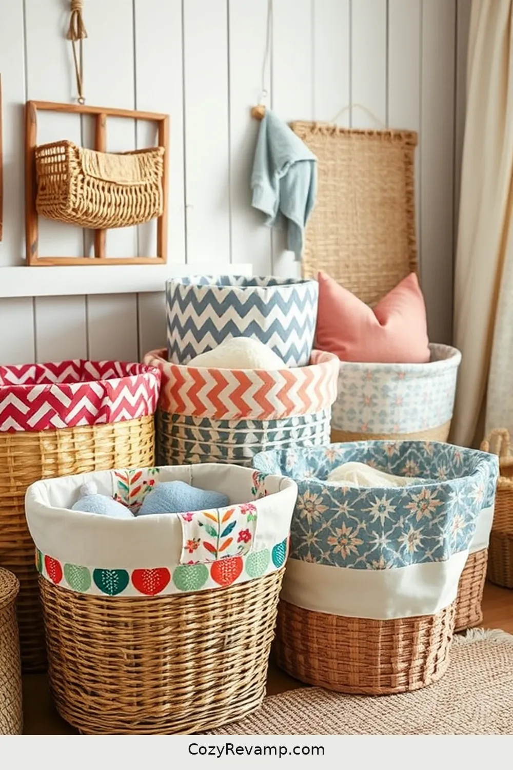 Fabric-Covered Storage Baskets for 25 Creative Rustic Nursery Ideas With Upcycled Fabric Material