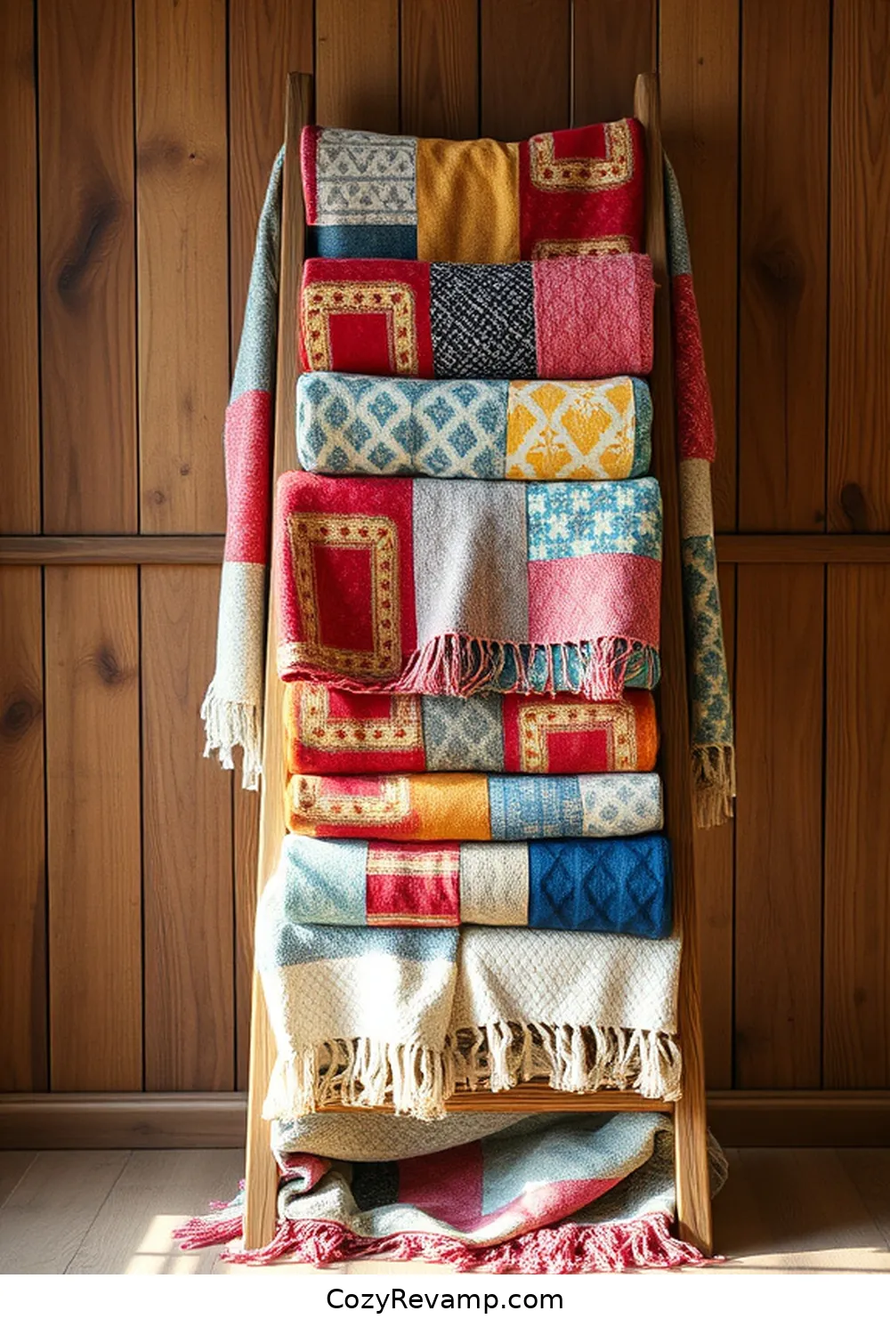 Patchwork Blanket Ladder for 25 Creative Rustic Nursery Ideas With Upcycled Fabric Material