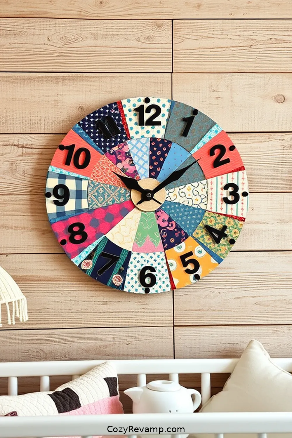 Patchwork Fabric Wall Clock for 25 Creative Rustic Nursery Ideas With Upcycled Fabric Material