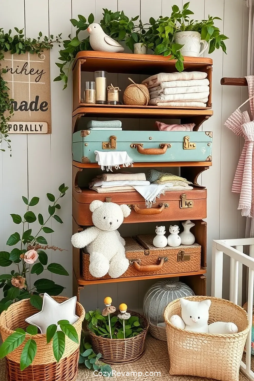 Vintage Suitcase Shelves for 25 Creative Rustic Nursery Ideas With Upcycled Fabric Material