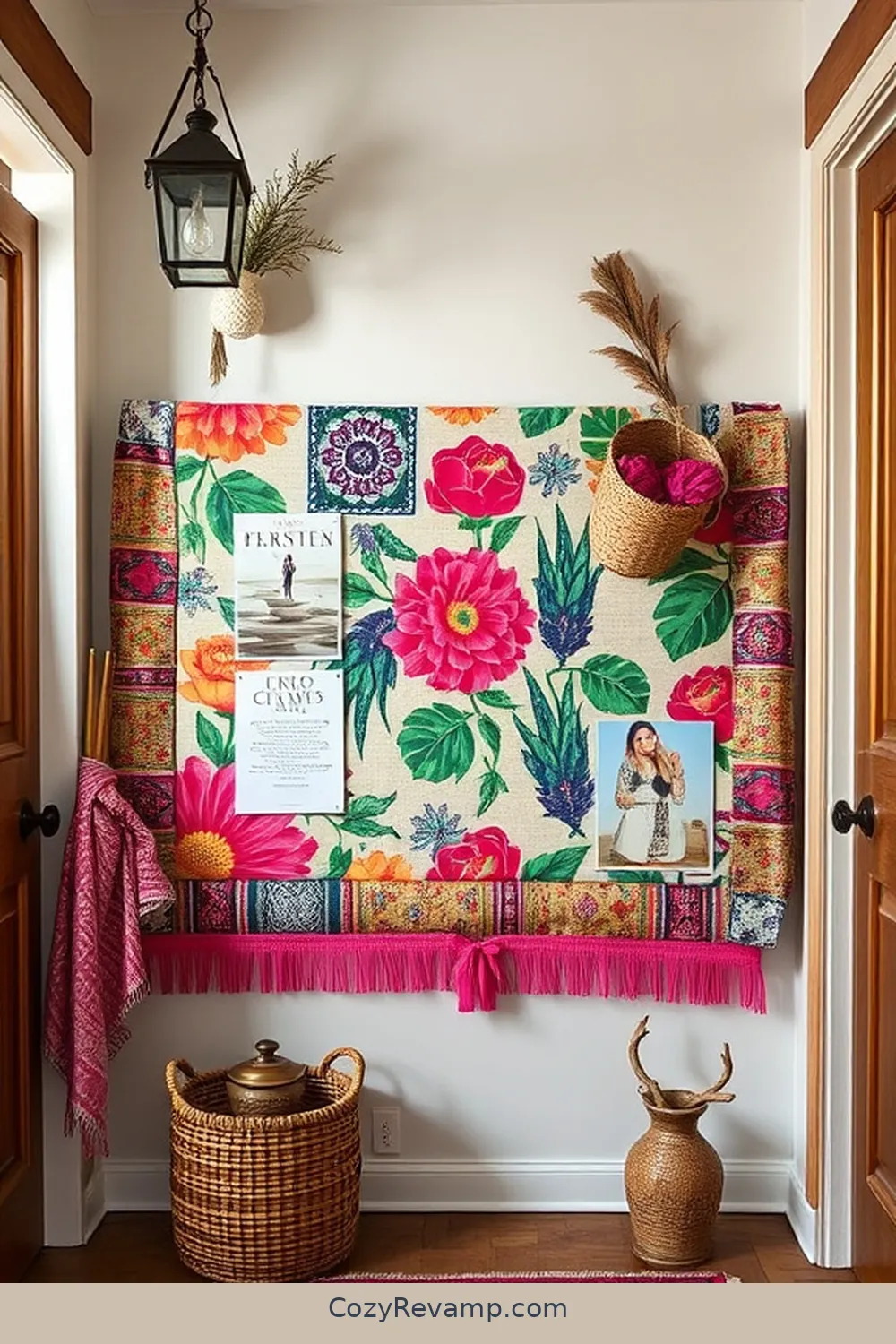25 Creative Ways to Style a Bohemian Entryway With Upcycled Fabric 18 Fabric-Covered Bulletin Board for 25 Creative Ways to Style a Bohemian Entryway With Upcycled Fabric