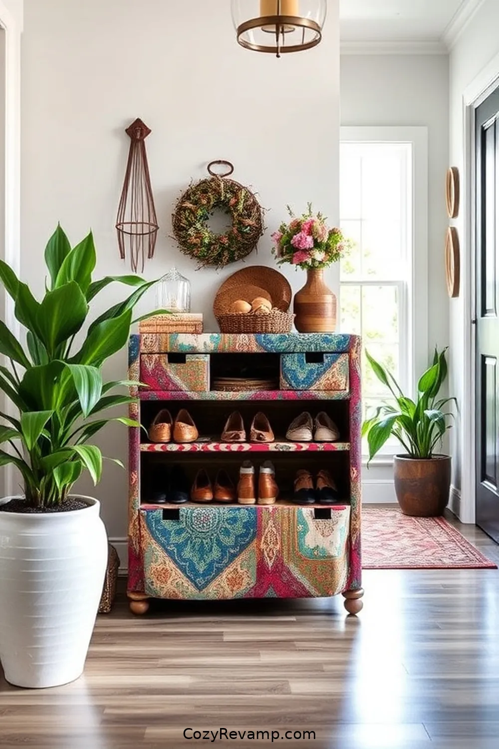 25 Creative Ways to Style a Bohemian Entryway With Upcycled Fabric 23 Fabric-Covered Shoe Storage for 25 Creative Ways to Style a Bohemian Entryway With Upcycled Fabric