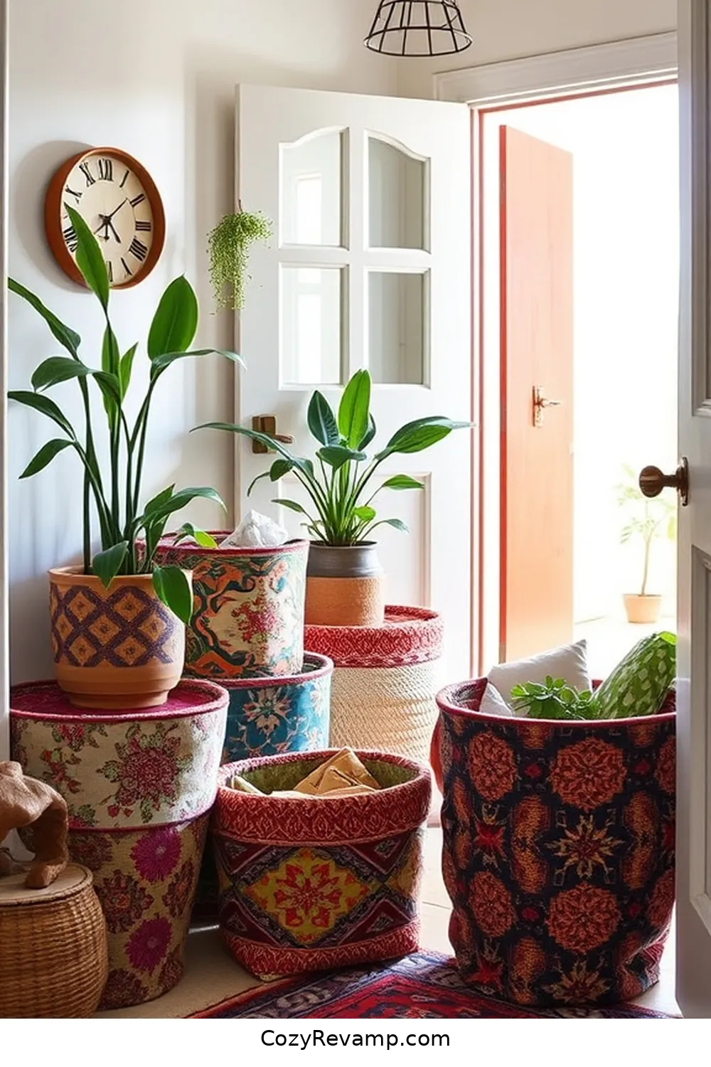 25 Creative Ways to Style a Bohemian Entryway With Upcycled Fabric 6 Fabric-Covered Storage Baskets for 25 Creative Ways to Style a Bohemian Entryway With Upcycled Fabric