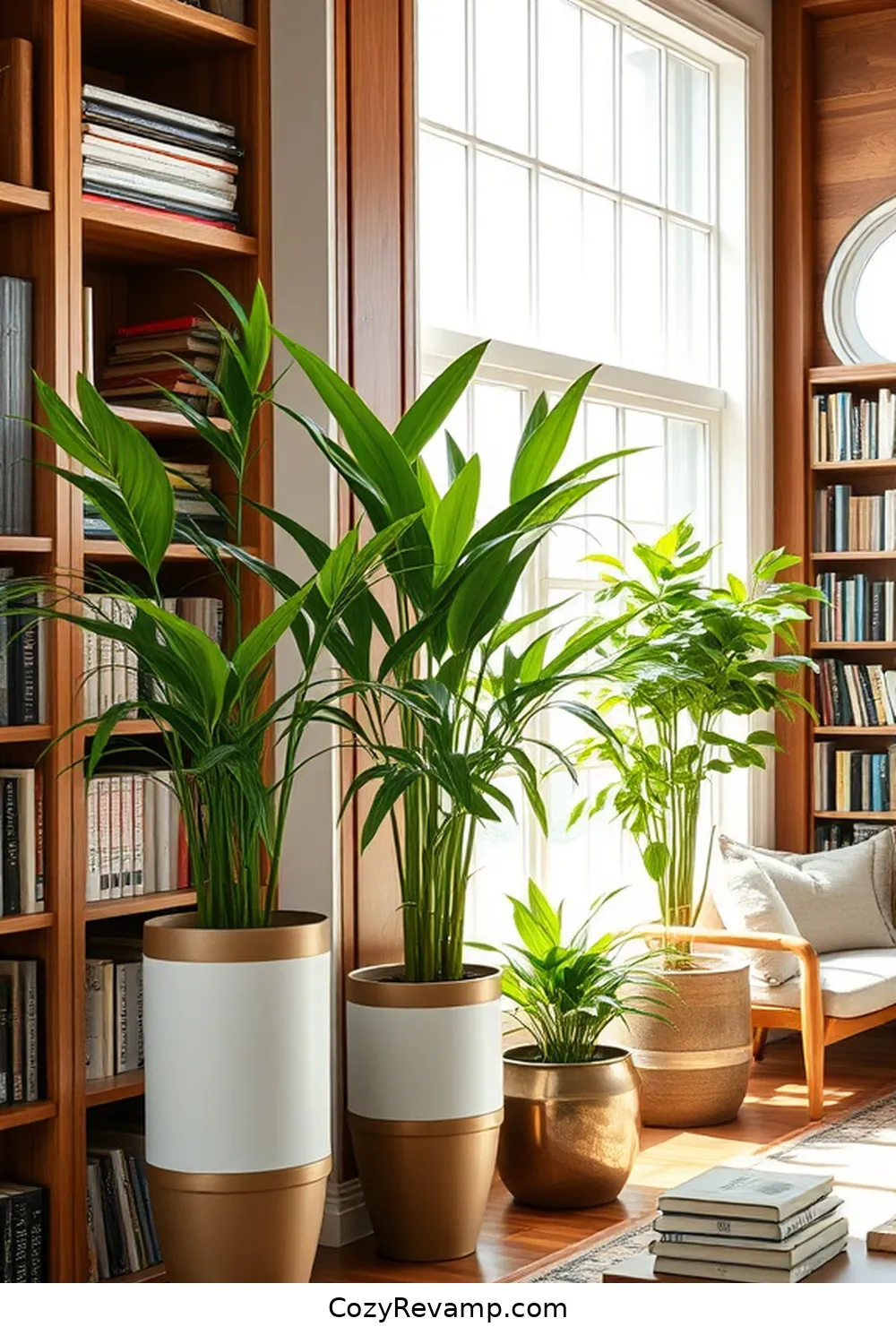 Add Bamboo Planters for a Touch of Green for 25 Design Tips for a Modern Farmhouse Library Using Bamboo Material