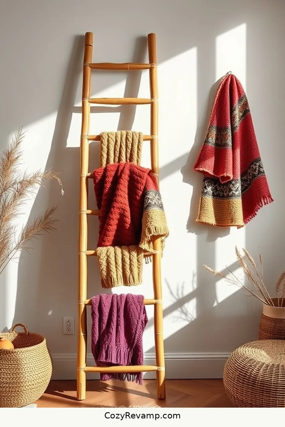 Create a Bamboo Ladder for Displaying Throws for 25 Design Tips for a Modern Farmhouse Library Using Bamboo Material