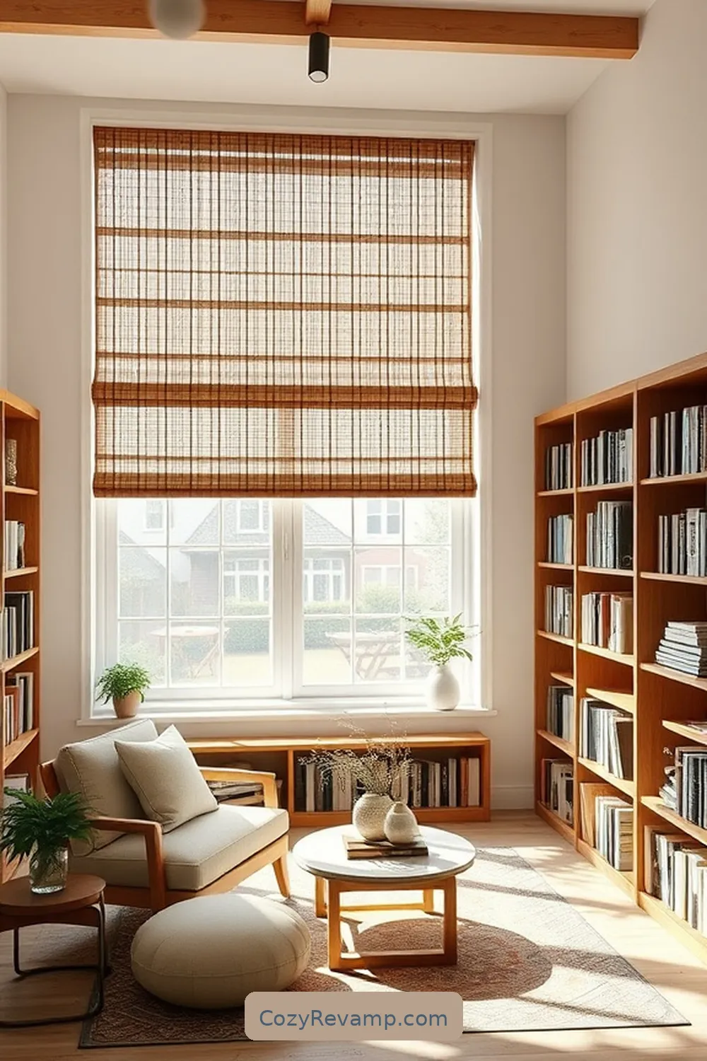 Install Bamboo Blinds for a Soft Finish for 25 Design Tips for a Modern Farmhouse Library Using Bamboo Material