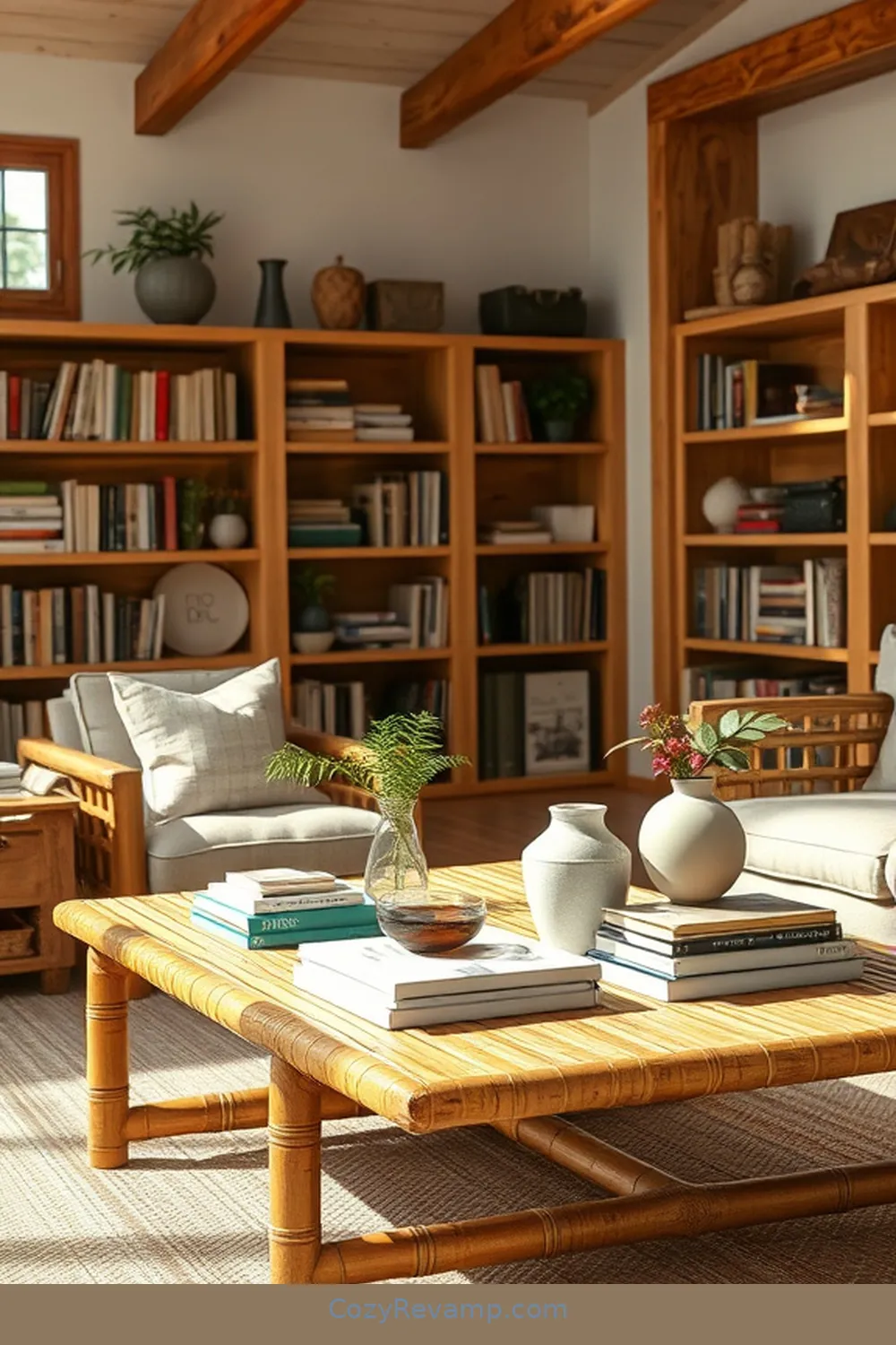 Use Bamboo for a Unique Coffee Table for 25 Design Tips for a Modern Farmhouse Library Using Bamboo Material
