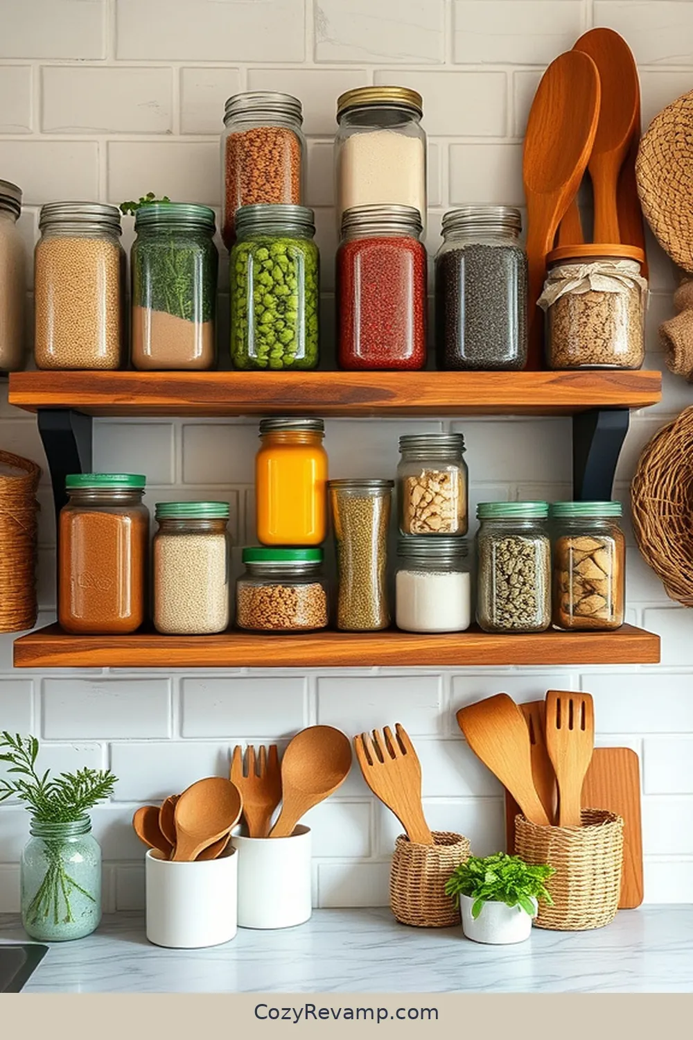 Mason Jar Storage for 25 Essential Elements of a Rustic Kitchen With Natural Fibers and Materials
