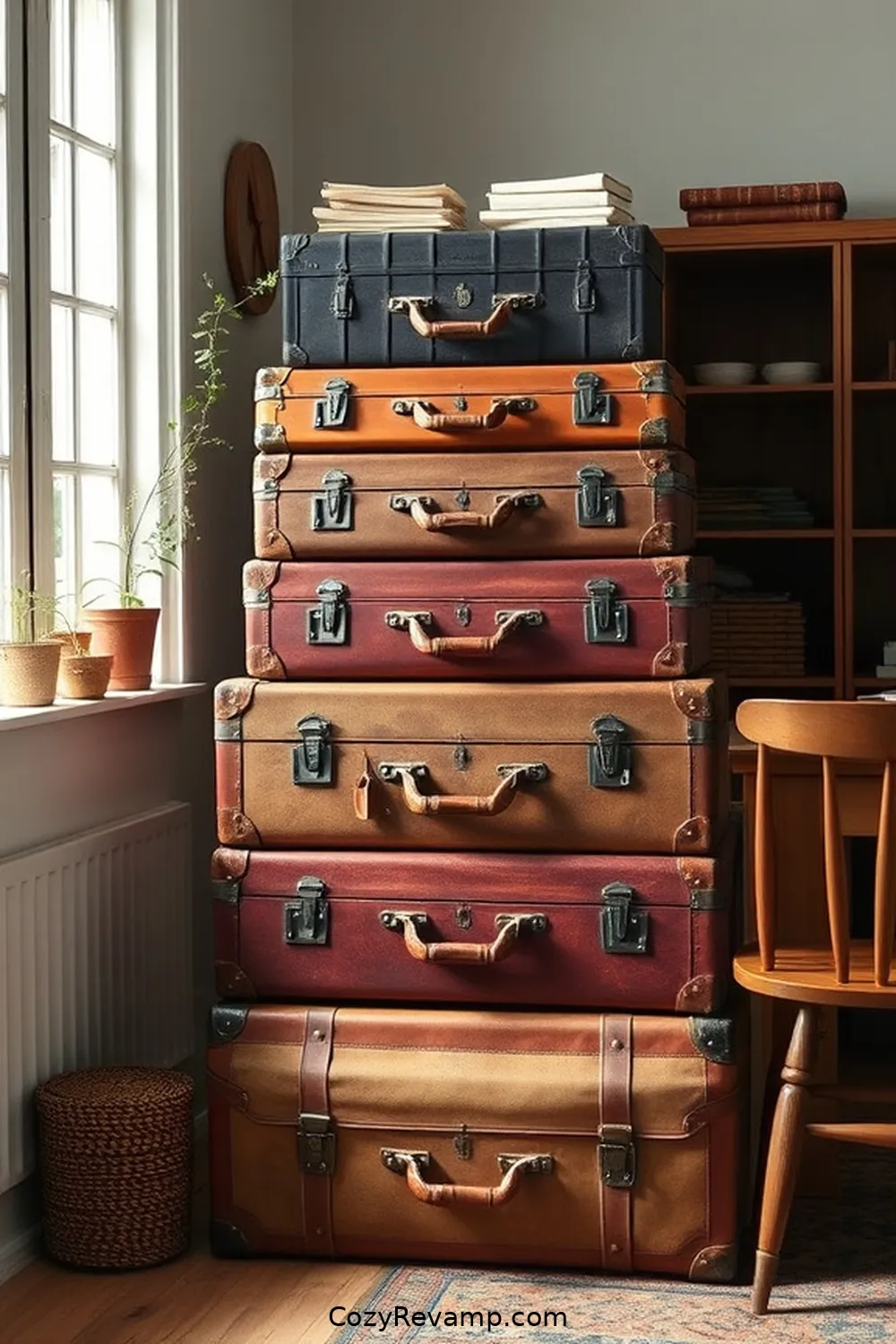 25 Essentials for a Modern Farmhouse Home Office Using Reclaimed Materials 17 16. Vintage Suitcase Storage for 25 Essentials for a Modern Farmhouse Home Office Using Reclaimed Materials