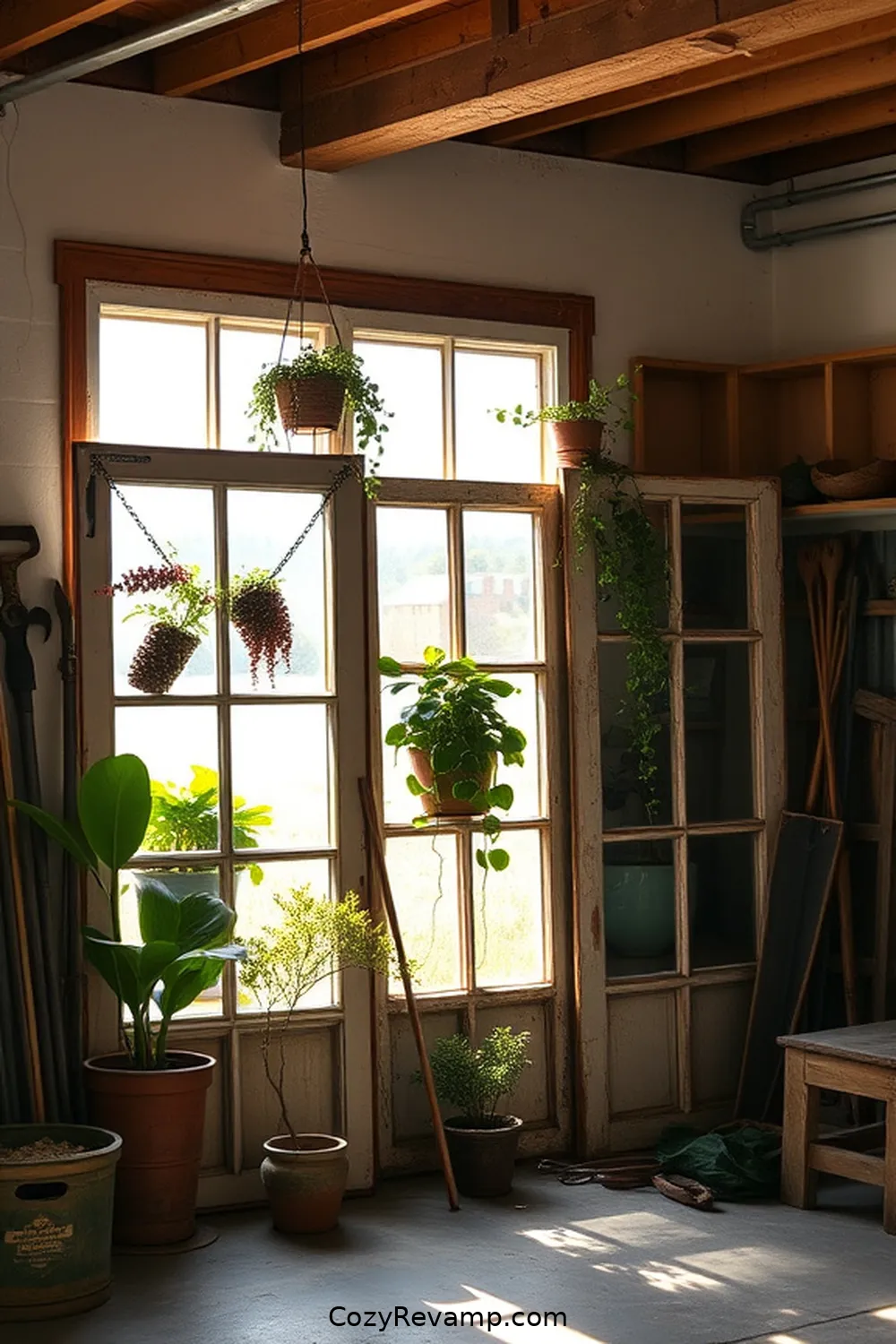 25 Inspiring Ideas for a Modern Farmhouse Garage Featuring Reclaimed Materials 6 Old Windows as Decorative Dividers for 25 Inspiring Ideas for a Modern Farmhouse Garage Featuring Reclaimed Materials
