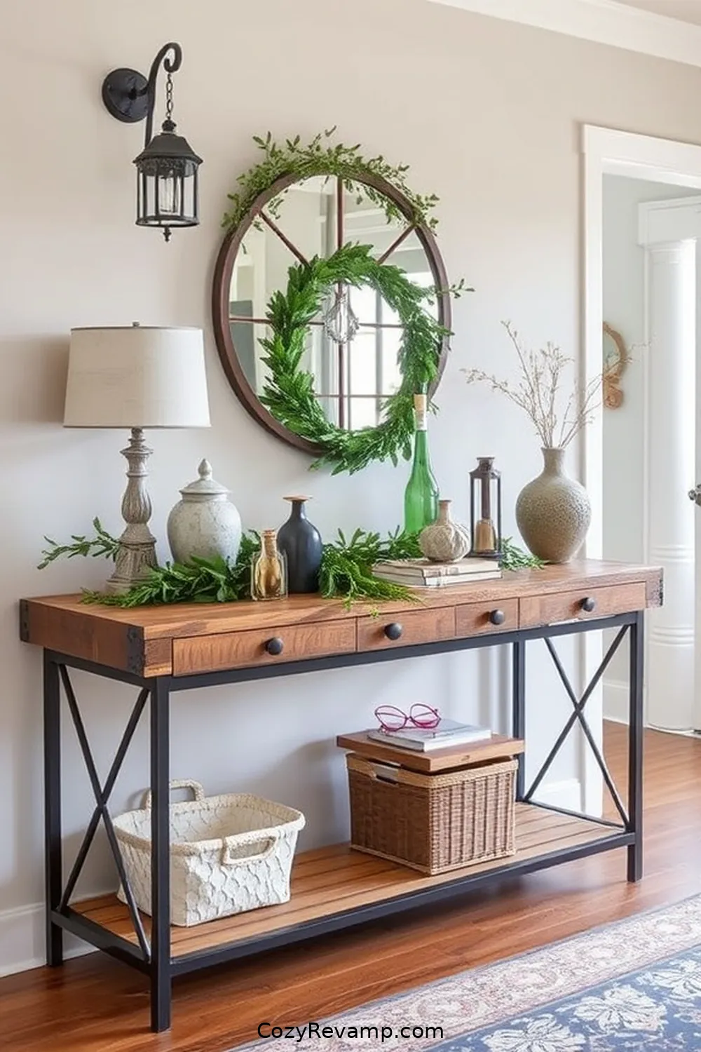 25 Inspiring Rustic Entryway Ideas With Recycled Wood Material 16 Wood and Metal Combination Console Table for 25 Inspiring Rustic Entryway Ideas With Recycled Wood Material
