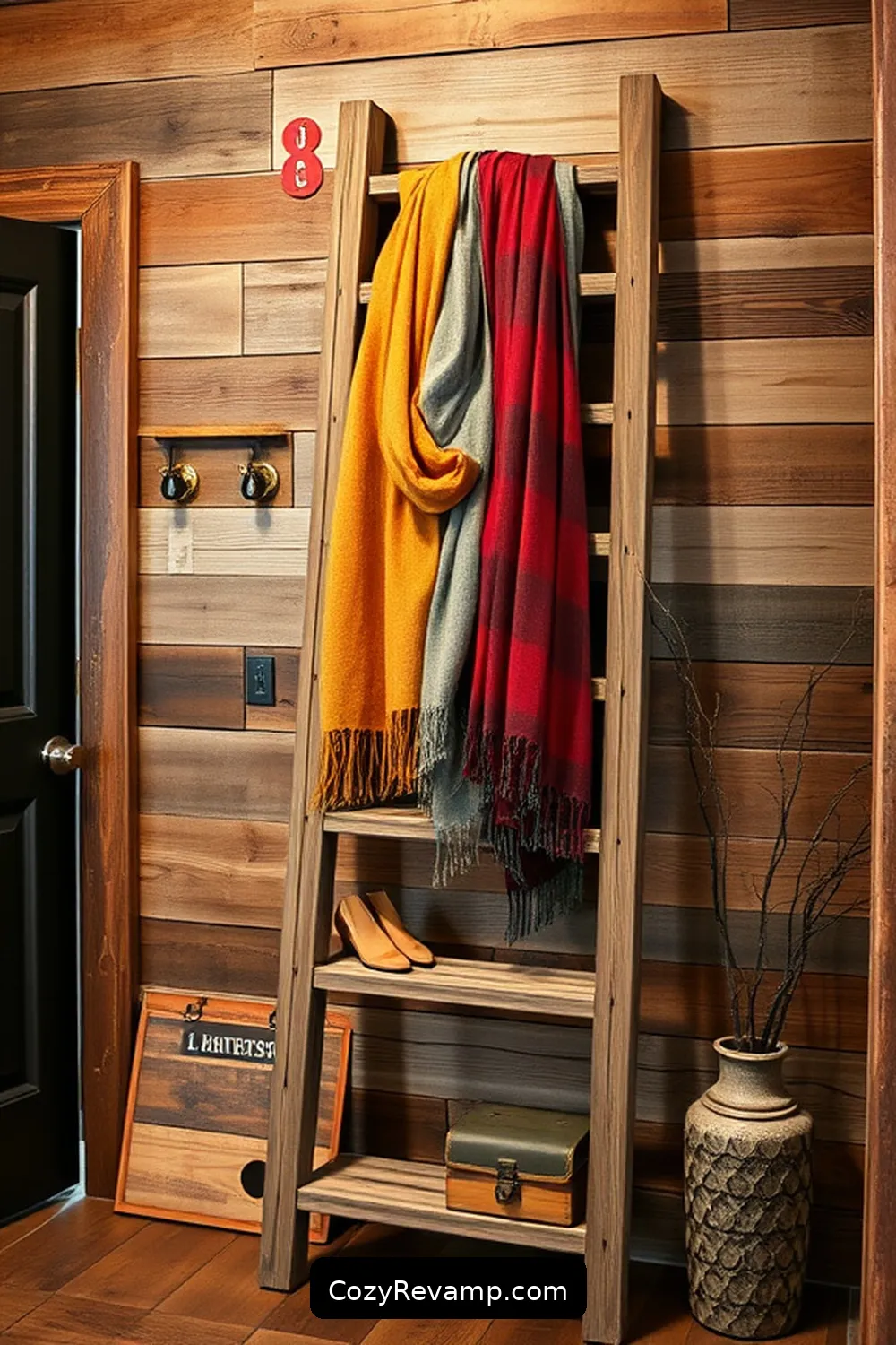 25 Inspiring Rustic Entryway Ideas With Recycled Wood Material 8 Wooden Ladder for Scarf Storage for 25 Inspiring Rustic Entryway Ideas With Recycled Wood Material