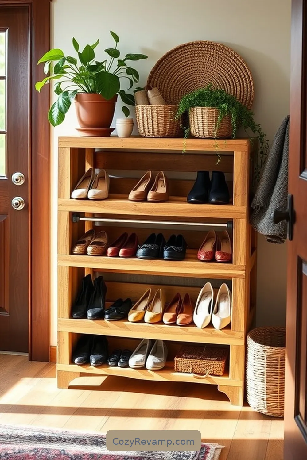 25 Inspiring Rustic Entryway Ideas With Recycled Wood Material 14 Wooden Pallet Shoe Rack for 25 Inspiring Rustic Entryway Ideas With Recycled Wood Material