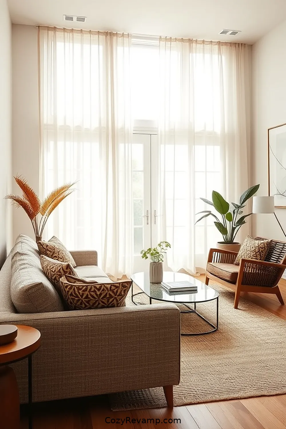 Choose Minimalist Curtains for 25 Key Elements for a Mid-Century Modern Living Room With Natural Fibers