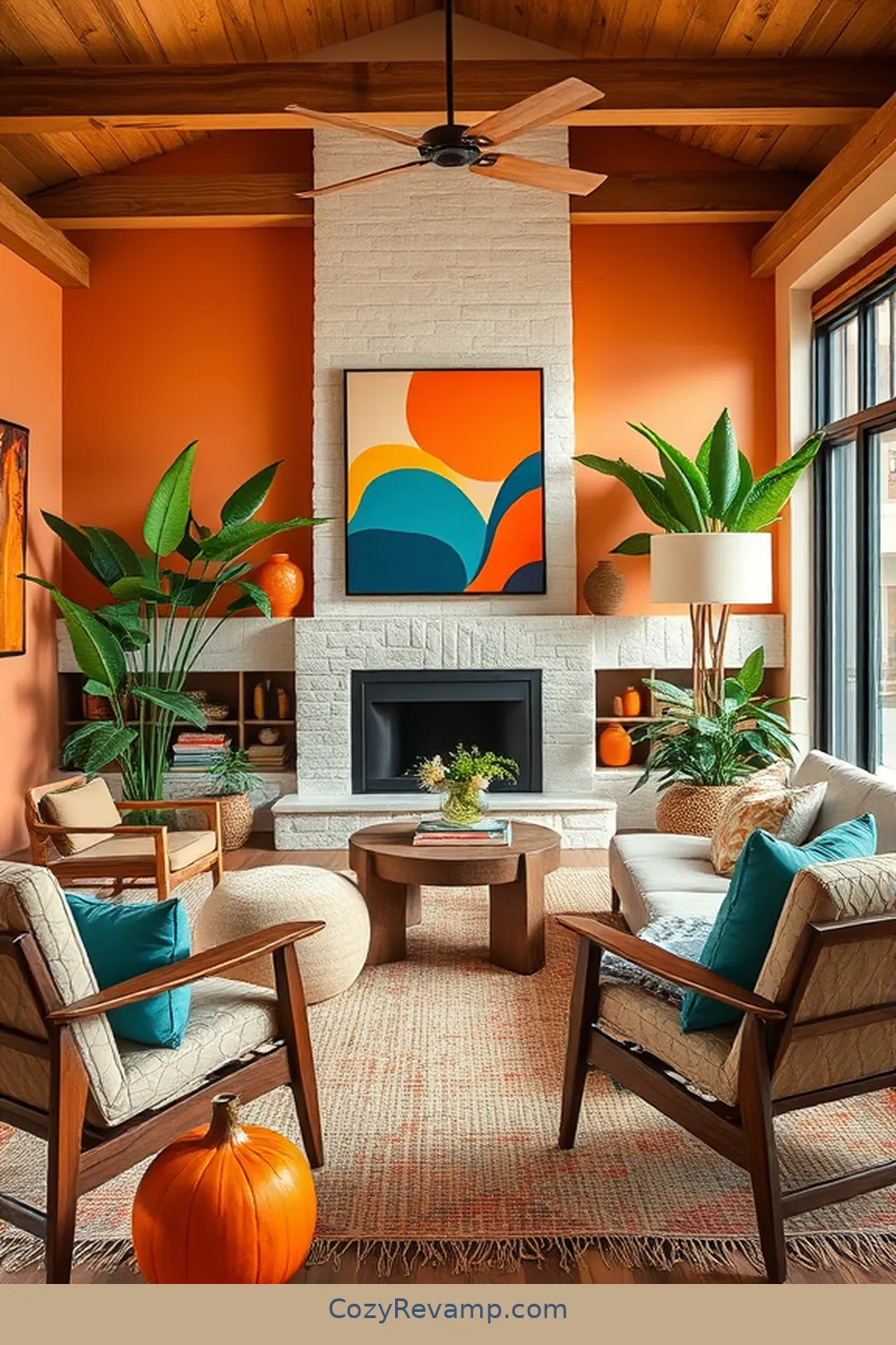 Incorporate Bold Accent Colors for 25 Key Elements for a Mid-Century Modern Living Room With Natural Fibers