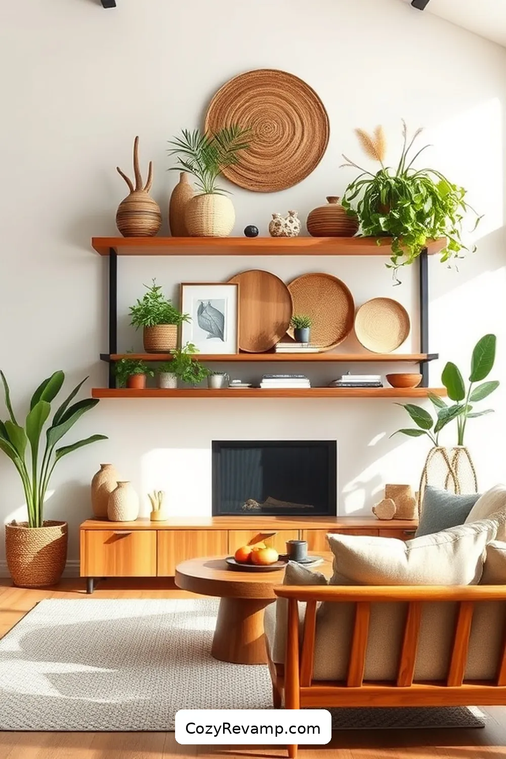 Install Open Shelving for 25 Key Elements for a Mid-Century Modern Living Room With Natural Fibers