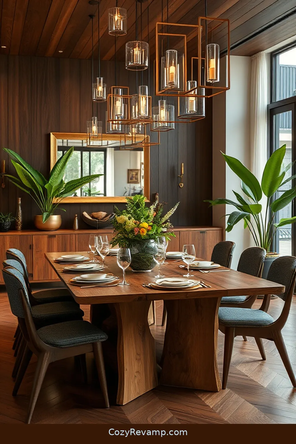 A Touch of Glam With Brass Accents for 25 Stunning Mid-Century Modern Dining Rooms Featuring Recycled Wood Material