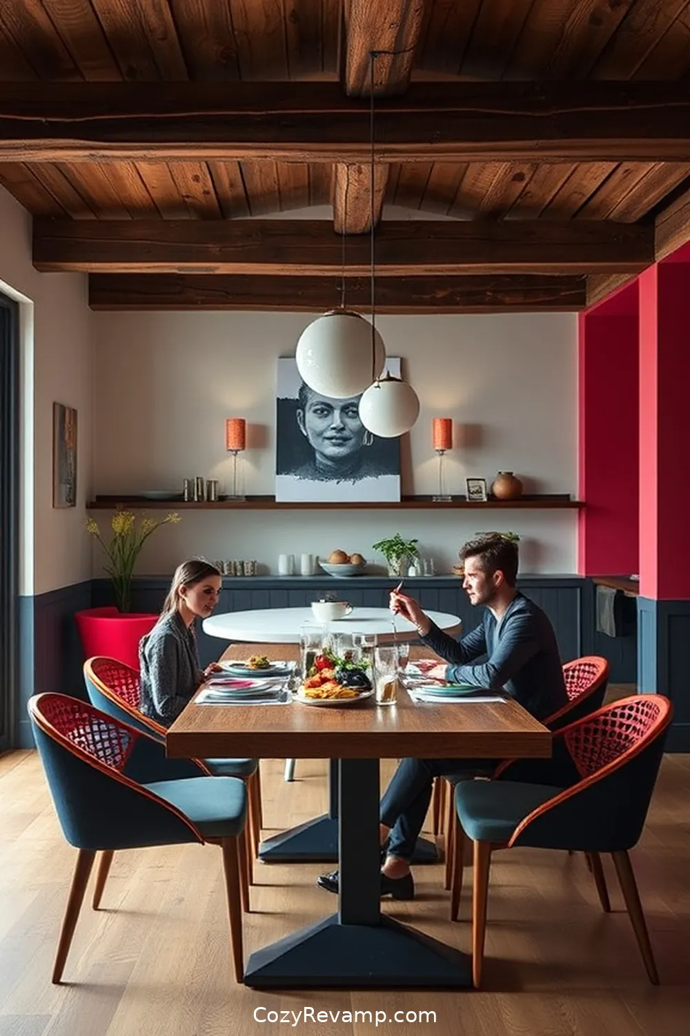 Bold Colors Paired With Dark Reclaimed Timbers for 25 Stunning Mid-Century Modern Dining Rooms Featuring Recycled Wood Material