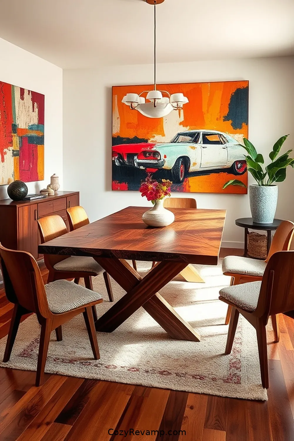 Bold Wall Art Complementing Wood Elements for 25 Stunning Mid-Century Modern Dining Rooms Featuring Recycled Wood Material