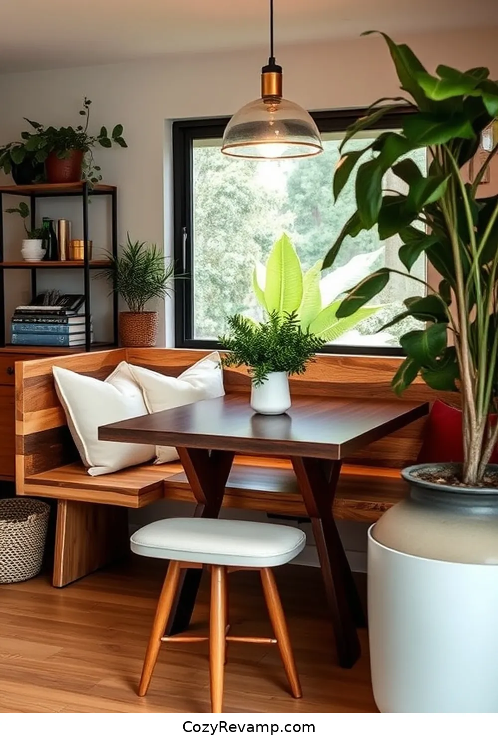 Cozy Dining Nook With Recycled Wood Bench for 25 Stunning Mid-Century Modern Dining Rooms Featuring Recycled Wood Material