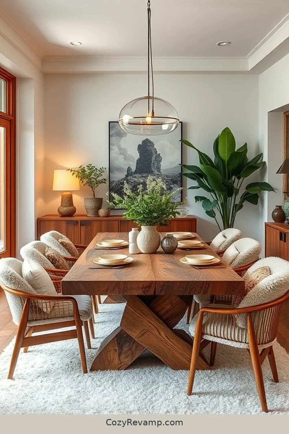 Layering Textures for Added Warmth for 25 Stunning Mid-Century Modern Dining Rooms Featuring Recycled Wood Material