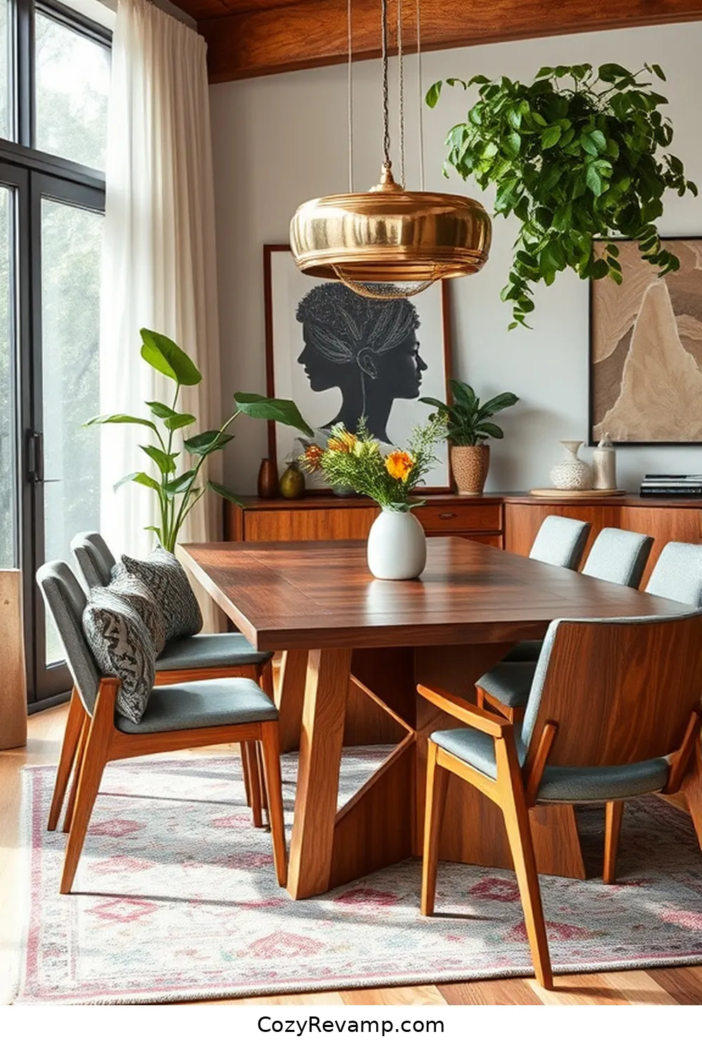 Mixing Materials for a Unique Look for 25 Stunning Mid-Century Modern Dining Rooms Featuring Recycled Wood Material