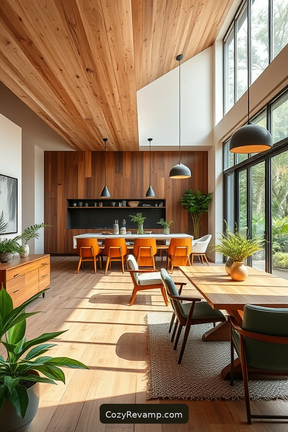 Open Concept Living With Rustic Dining for 25 Stunning Mid-Century Modern Dining Rooms Featuring Recycled Wood Material