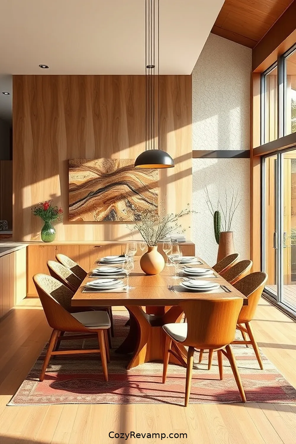 Organic Shapes and Forms in Design for 25 Stunning Mid-Century Modern Dining Rooms Featuring Recycled Wood Material