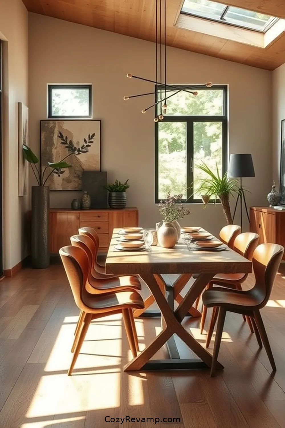 Sleek Lines and Earthy Tones for 25 Stunning Mid-Century Modern Dining Rooms Featuring Recycled Wood Material