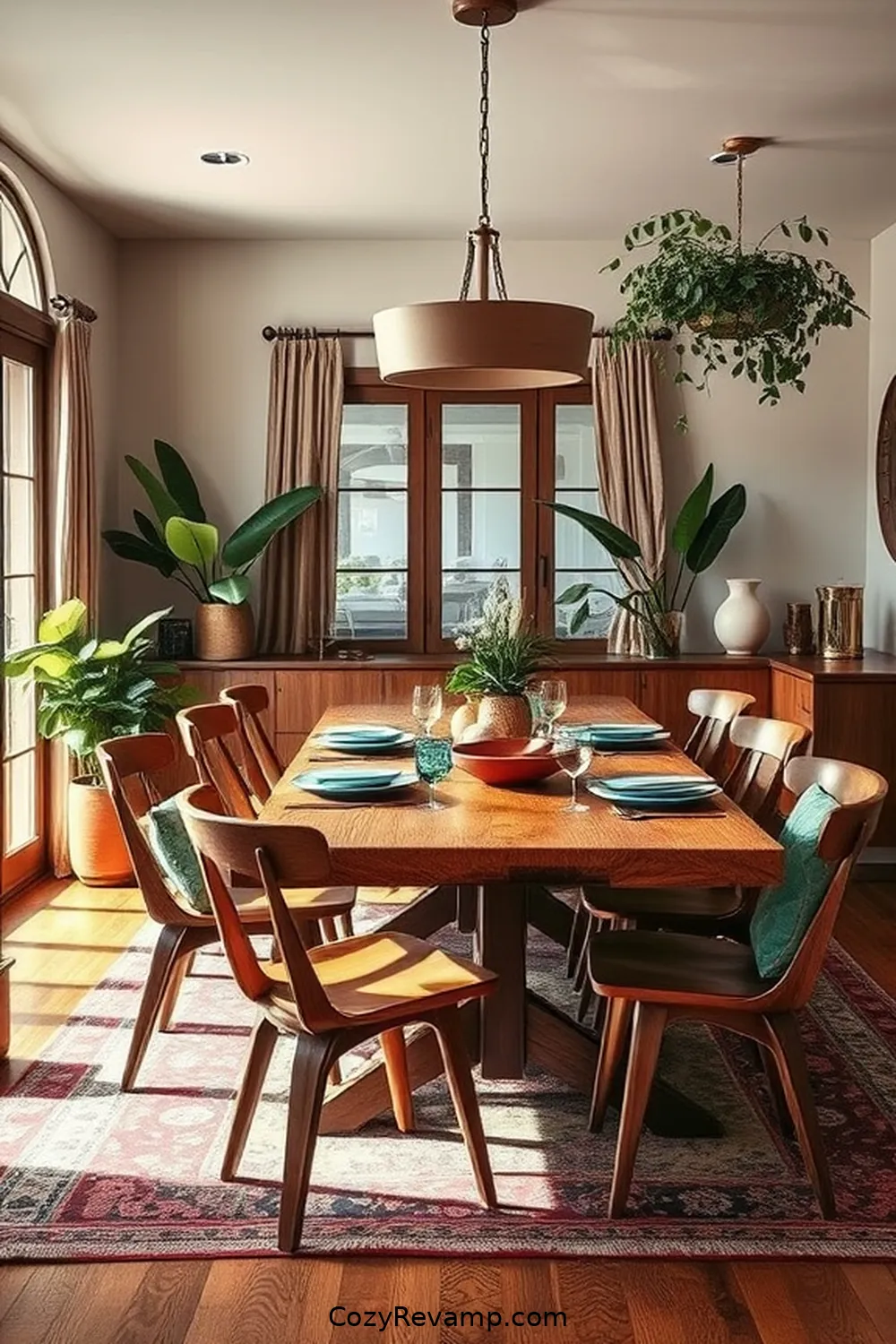 Vibrant Accents Against Rustic Wood for 25 Stunning Mid-Century Modern Dining Rooms Featuring Recycled Wood Material