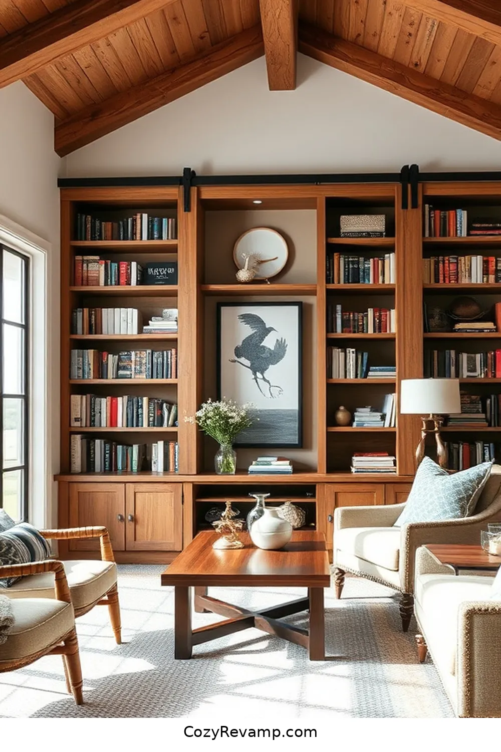 25 Stunning Modern Farmhouse Library Ideas Using Recycled Wood Materials 8 Built-In Bookshelves With Sliding Barn Doors for 25 Stunning Modern Farmhouse Library Ideas Using Recycled Wood Materials