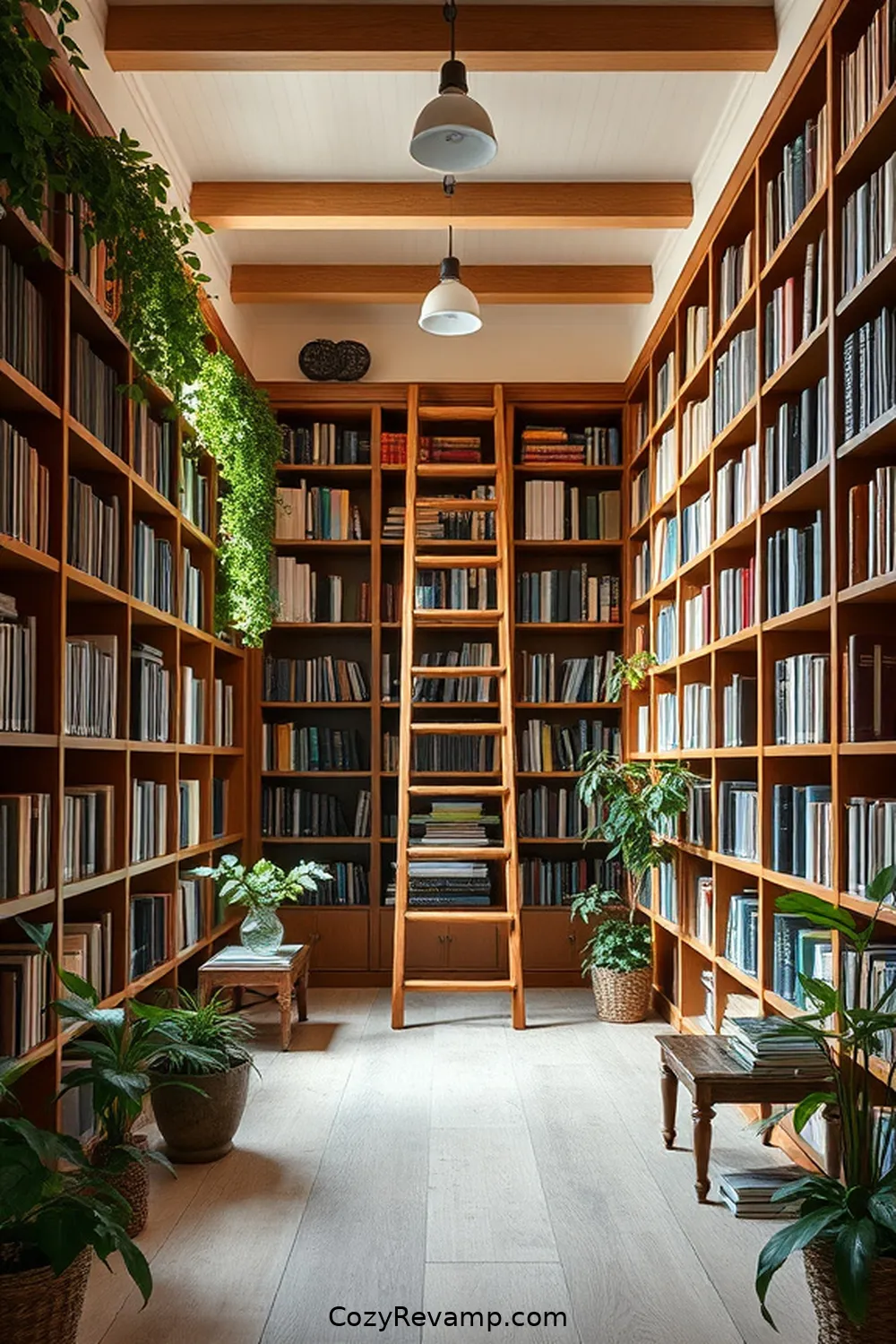 25 Stunning Modern Farmhouse Library Ideas Using Recycled Wood Materials 4 Farmhouse Style Ladder for Higher Shelves for 25 Stunning Modern Farmhouse Library Ideas Using Recycled Wood Materials