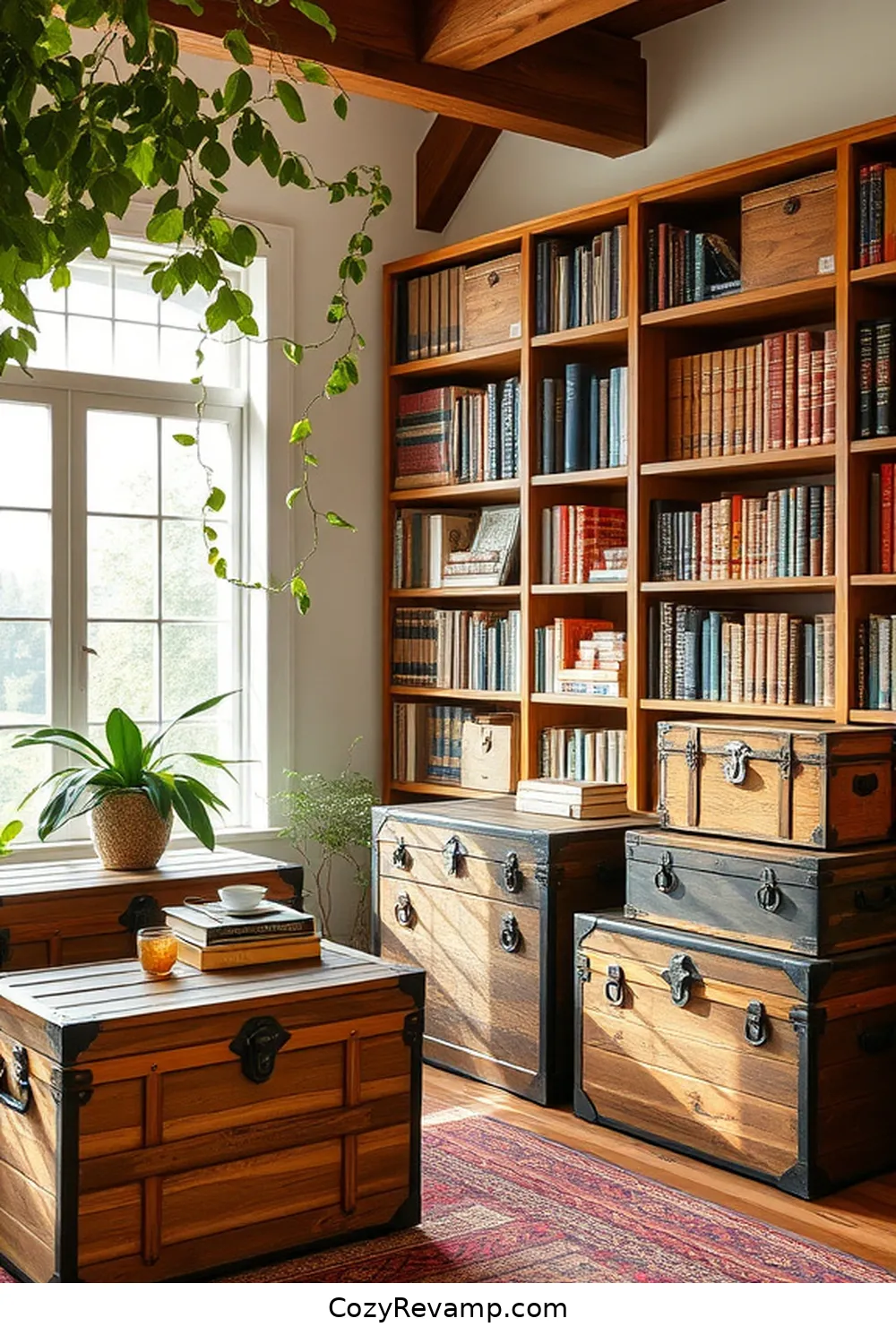 25 Stunning Modern Farmhouse Library Ideas Using Recycled Wood Materials 23 Natural Wood Trunks for Storage Solutions for 25 Stunning Modern Farmhouse Library Ideas Using Recycled Wood Materials