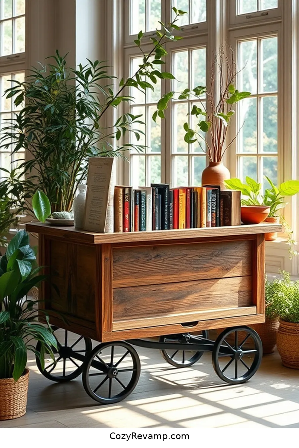 25 Stunning Modern Farmhouse Library Ideas Using Recycled Wood Materials 16 Rustic Book Carts on Wheels for 25 Stunning Modern Farmhouse Library Ideas Using Recycled Wood Materials