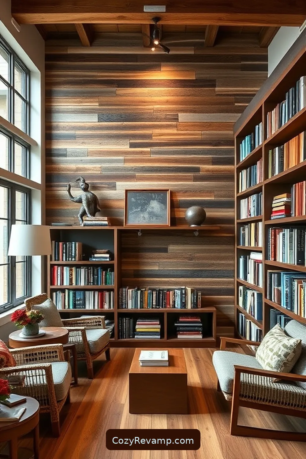 25 Stunning Modern Farmhouse Library Ideas Using Recycled Wood Materials 10 Upcycled Wood Accent Wall for Character for 25 Stunning Modern Farmhouse Library Ideas Using Recycled Wood Materials